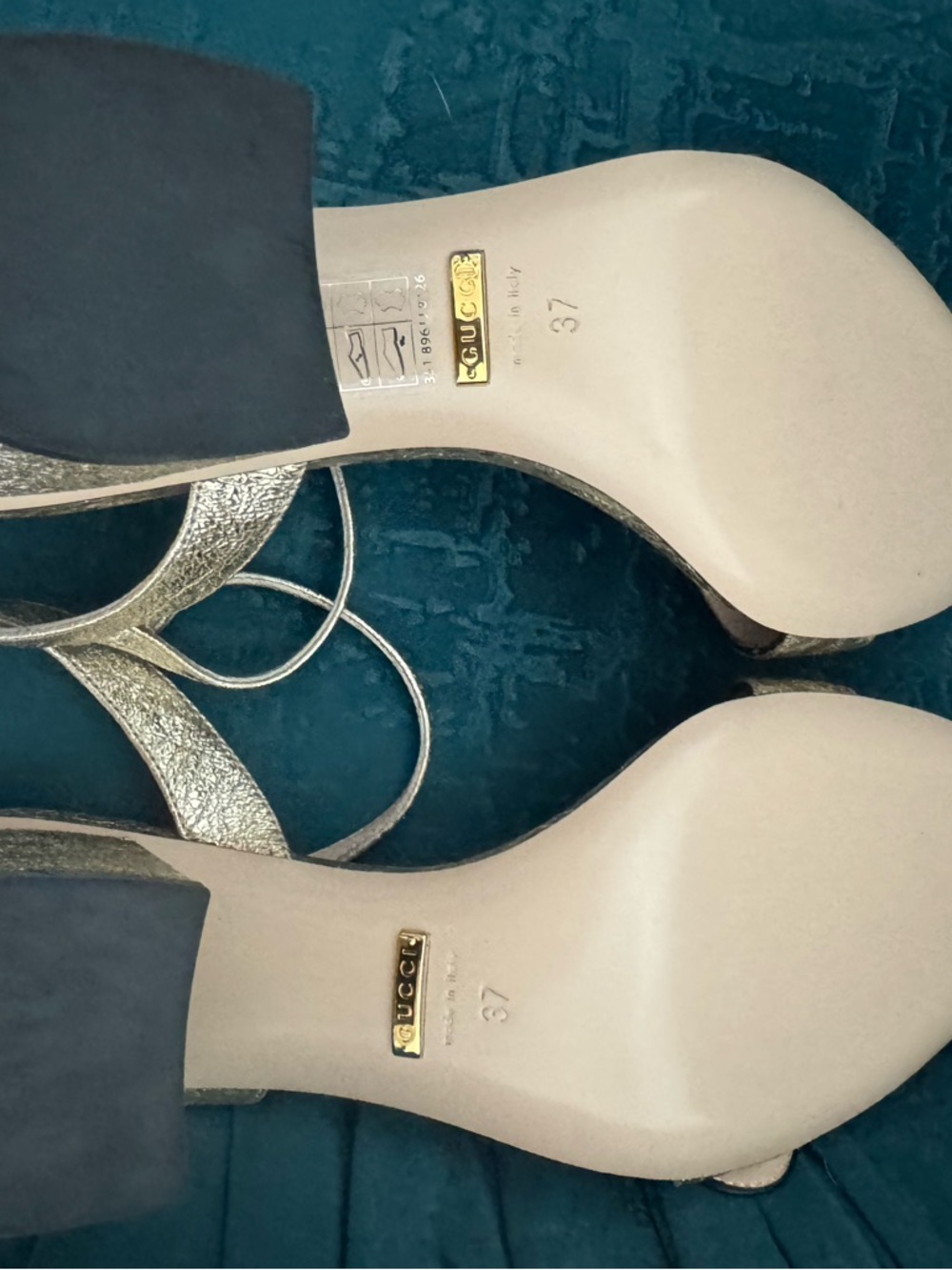 Gucci Gold Metallic Open-Toe Ankle-Strap Heeled Sandals with Double G - Picture 3 of 3